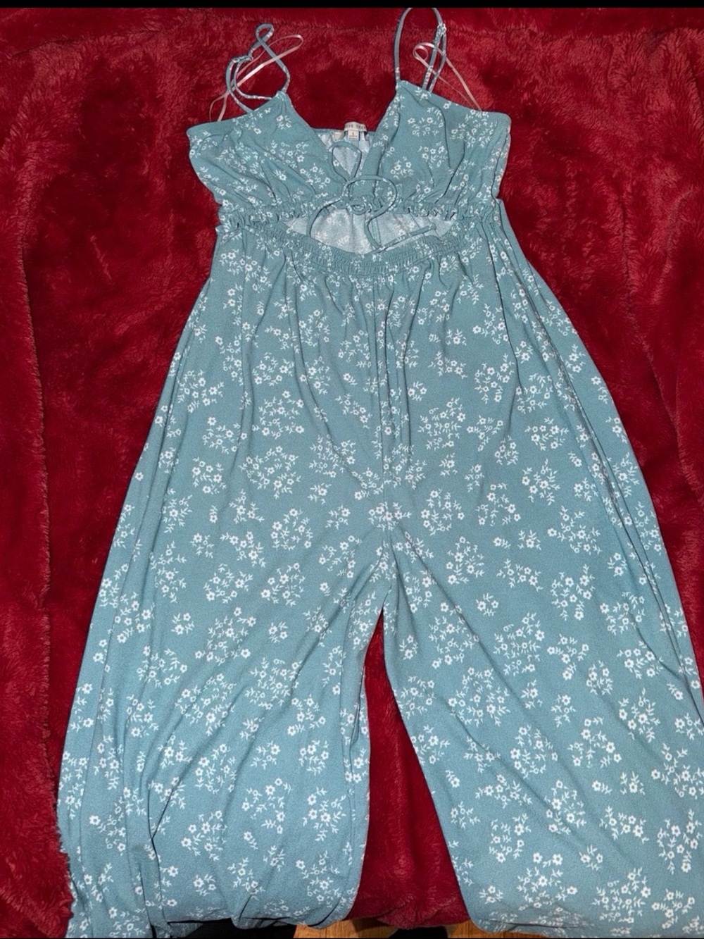 Love Tree Dusty Blue Floral Wide-Leg Jumpsuit